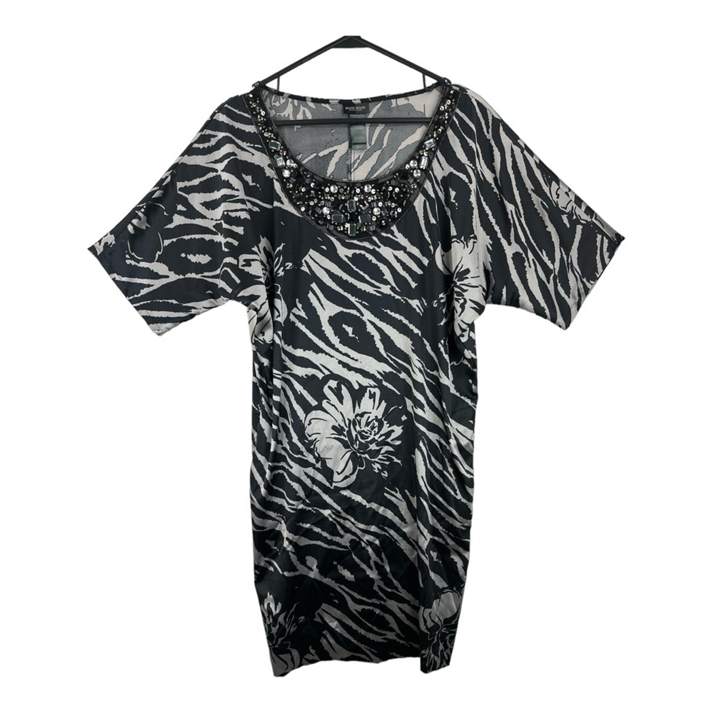 Bisou Bisou Womens Shift Dress Black Mixed Print Scoop Neck Short Sleeve Beads 6
